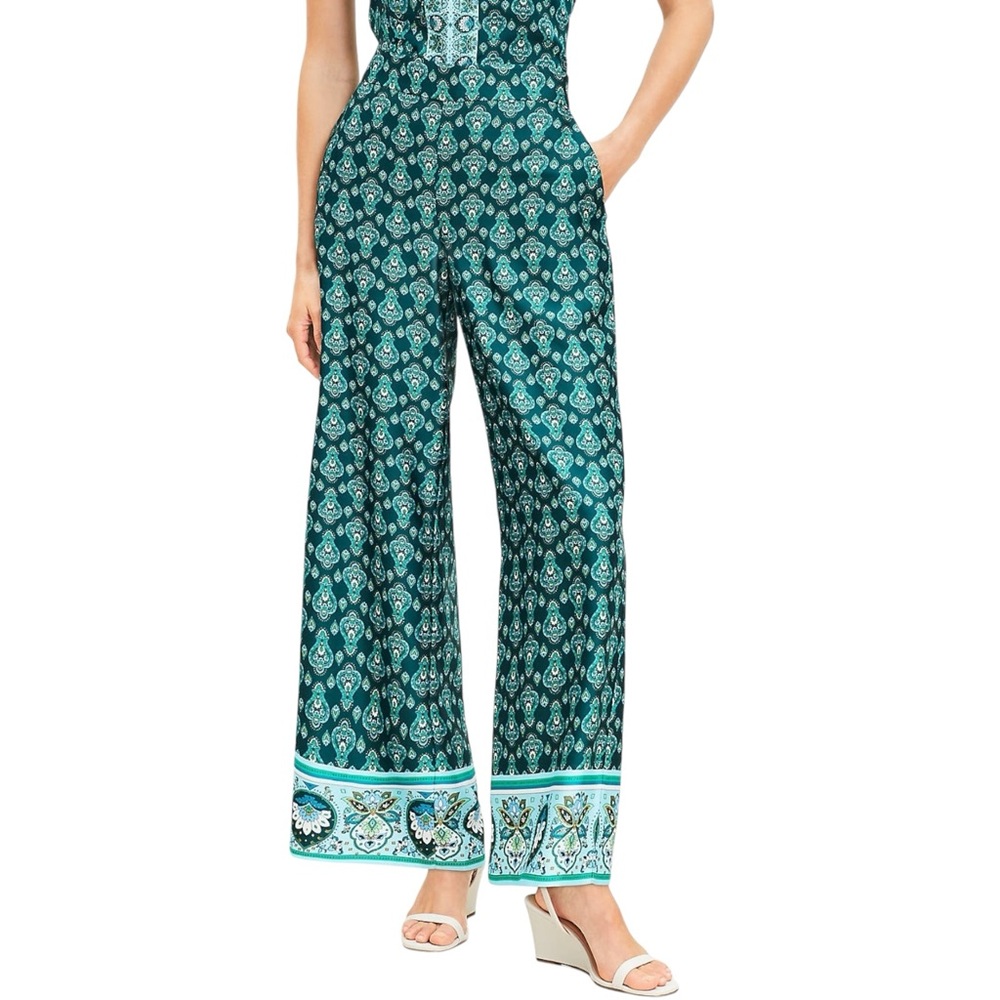 Loft Set Medallion Border Floral Sleeveless Tie Top & Wide Leg Pants Set XS /‎ S - Picture 3 of 9